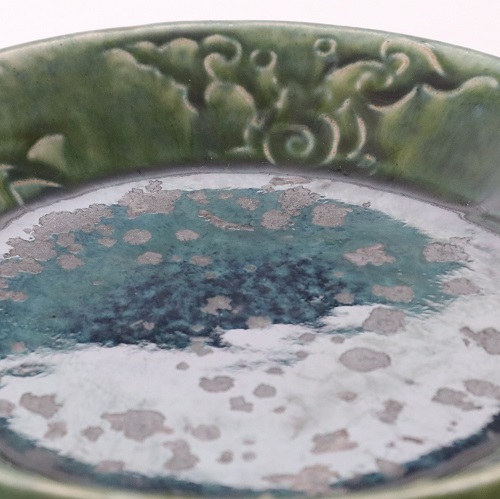鶴文　緑釉皿